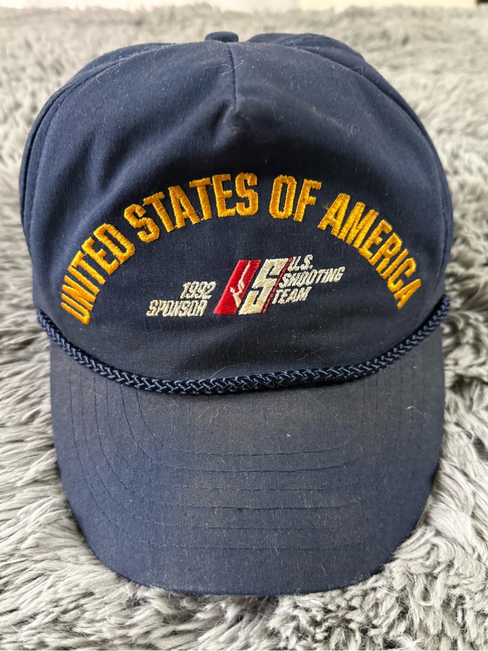 Vintage 1992 U.S. Shooting Team Sponsor Snapback Hat USA Rope Cap Navy